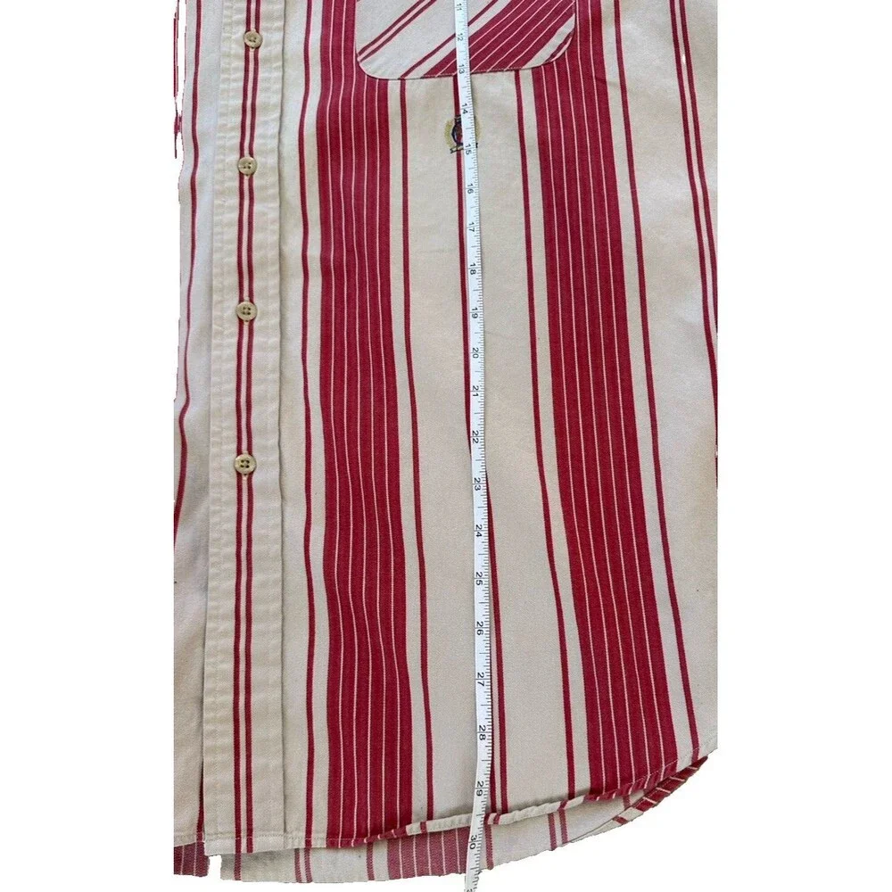 VTG Tommy Hilfiger Button Down Shirt Men's Lg Maroon Red‎ Tan Stripes Crest 90s